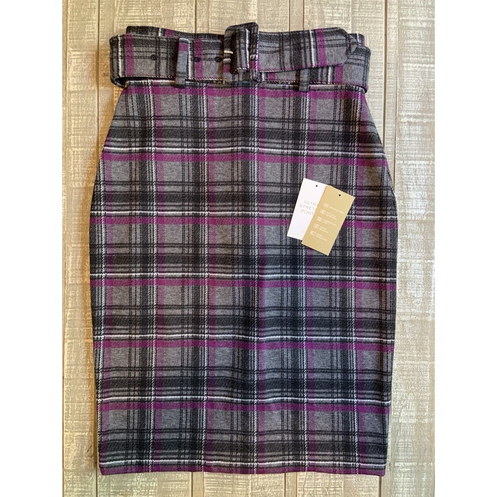 Worthington Women's Size 2 Petite Skirt Pencil Plaid Purple Gray Belted Casual